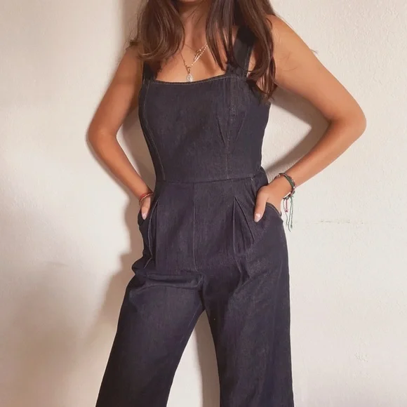 Women's dark Denim Jumpsuit - Picture 2 of 5